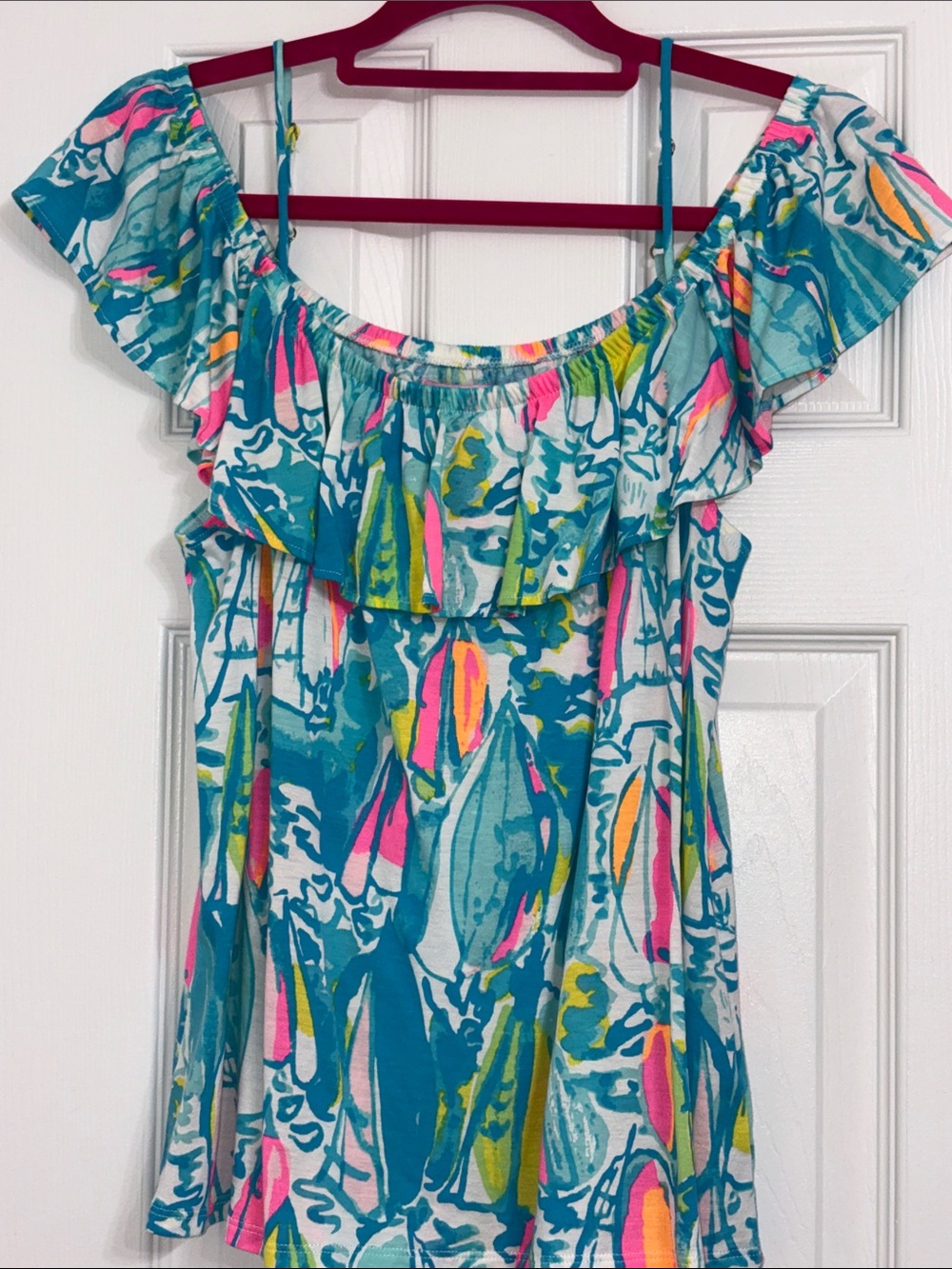 Lilly Pulitzer Off-Shoulder Ruffle Sailboat Print Top